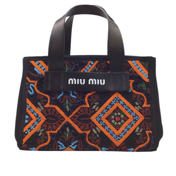 MIU MIU kanapa 5BA176 black embroidery ethnic pattern handbag bag canvas ladies men unisex