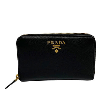 PRADA logo metal fittings leather genuine round zipper coin case card purse mini wallet black
