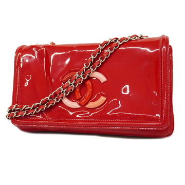 CHANELAuth  Lipstick W Chain Women's Patent Leather Shoulder Bag Red Color