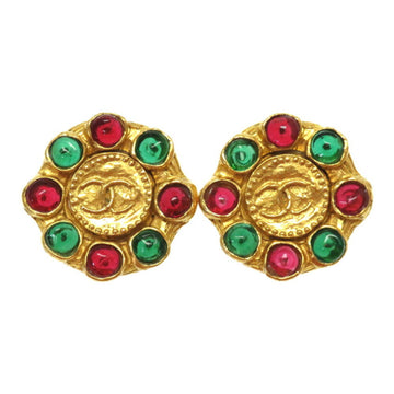 Chanel Vintage Stone Red Green Gold Earrings Coco Mark Accessories 0073 CHANEL