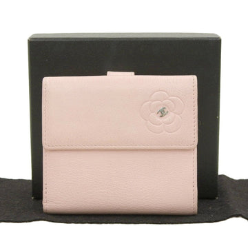 CHANEL Butterfly Camellia Coco Mark Double Hook Folding Wallet Leather Pink with Seal 15 Series