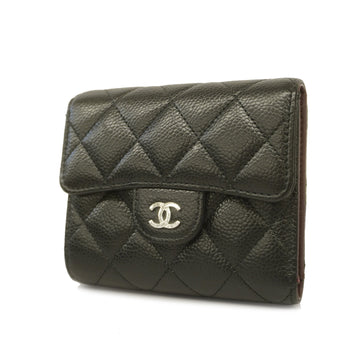 CHANELAuth  Matelasse Tri-fold Wallet With Silver Hardware Caviar Leather Black