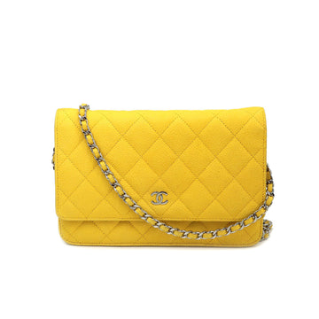 CHANEL matelasse chain wallet long caviar skin yellow A33814 silver metal fittings Matelasse Wallet