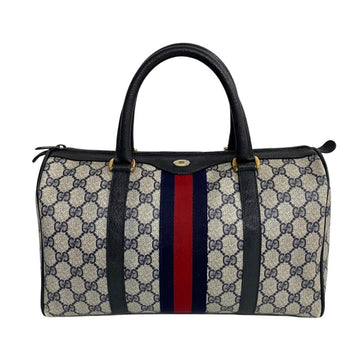 GUCCI Old Vintage Sherry Line GG Metal Fittings All Over Pattern Leather Handbag Boston Bag Navy