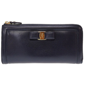 SALVATORE FERRAGAMO Ferragamo Valaribbon 22-C907 Leather Navy L-shaped Long Wallet