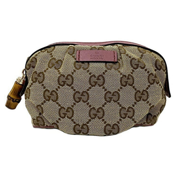 GUCCI Mini Pouch Beige Brown Pink Bamboo 246174 Canvas Leather GG Ladies