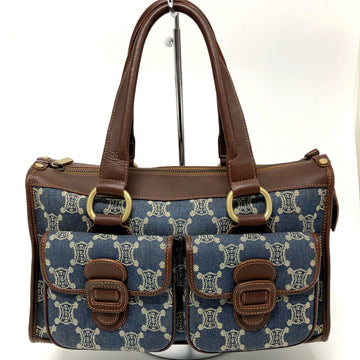 CELINE Tote Bag Paris Macadam Denim Leather Blue Brown Gold Hardware Women's