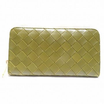 BOTTEGA VENETA Intrecciato Khaki Round Zipper Long Wallet Unisex