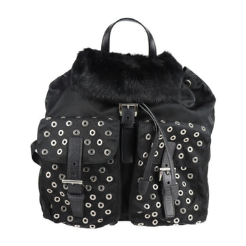 PRADA rucksack daypack 1BZ811 nylon fur leather black backpack punching triangle logo plate