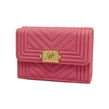 CHANEL[3yc2838] Auth  Trifold Wallet Boy  Caviar Skin Pink Gold metal