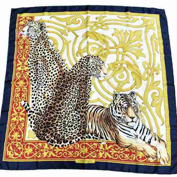 SALVATORE FERRAGAMO scarf tiger leopard cheetah silk navy blue red gold animal women's