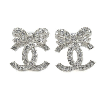 CHANEL Cocomark Ribbon Rhinestone Earrings Silver B23V