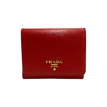 PRADA logo metal fittings leather genuine tri-fold wallet mini coin case card red