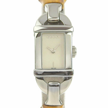 GUCCI 6800L Stainless Steel x Bamboo Silver Quartz Analog Display Ladies Cream Dial Watch