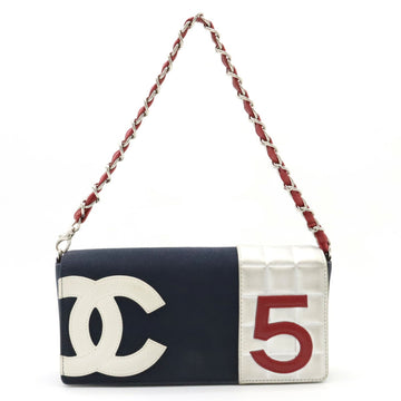 CHANEL Cocomark No.5 Chocolate Bar Shoulder Bag Chain Canvas Leather Navy Red Silver