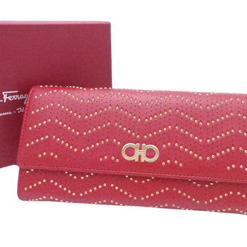 SALVATORE FERRAGAMO Long Wallet Gancini Studs Red Leather x Gold Hardware Women's