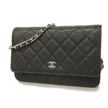 CHANEL Shoulder Wallet Matelasse Chain Caviar Skin Black Ladies