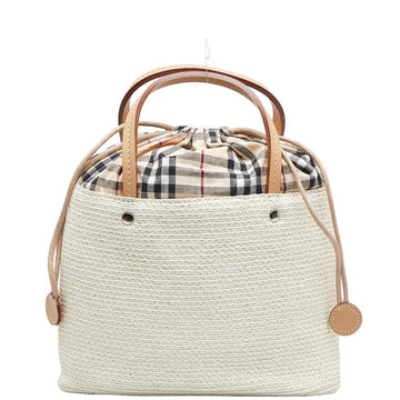 BURBERRY Nova Check Handbag White Beige Straw Leather Women's