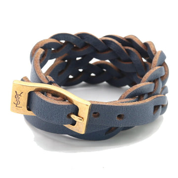 SAINT LAURENT Bracelet Navy Blue Leather Metal Triple Women's YVES