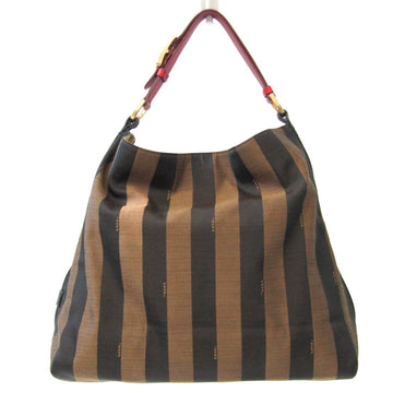 FENDI Pequin 8BR653 Women's Canvas,Leather Shoulder Bag Beige,Dark Brown,Red Color