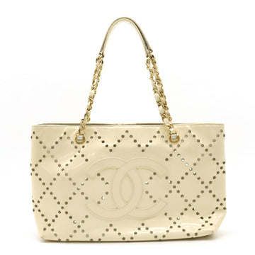 CHANEL here mark punching tote bag shoulder chain patent leather light beige