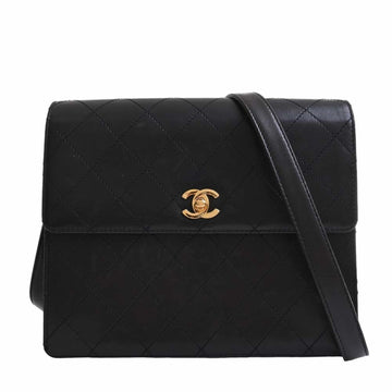 CHANEL Leather Matelasse Coco Mark Shoulder Bag Black Ladies