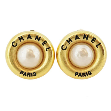 CHANEL Earrings Vintage Logo Round Circle Fake Pearl GP Plated Gold White Black 94P Ladies