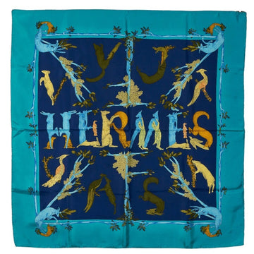 HERMES Carre 90 ANIMAL ALPHAET Animal Alphabet Forest Scarf Muffler Blue Multicolor Silk Ladies