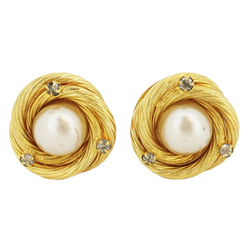 CHANEL earrings vintage round circle fake pearl rhinestone GP plated gold white 93P ladies