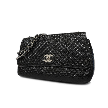 Chanel Matelasse W-chain Women's Patent Leather Shoulder Bag Black