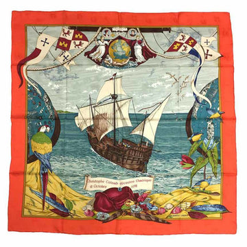 HERMES scarf carre 90 Christophe Colomb decouvre 1 Amerique 12 Octobre 1492 orange blue silk 100%