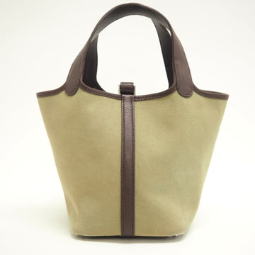 HERMES/ Picotan PM Toile Ash x Leather Handbag Green