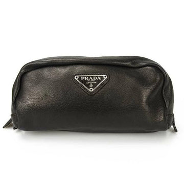 PRADA pouch leather dark brown accessory case silver metal fittings makeup Makeup Leather Pouch Case