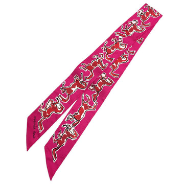 HERMES Twilly Scarf Muffler Chevaux En Liberte Freedom Horse 2021AW Pink Rose Indian Rouge White 100% Silk
