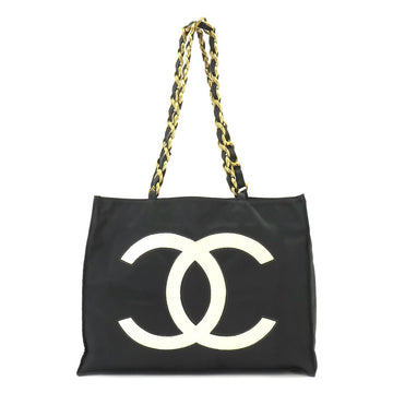 CHANEL Coco Mark Chain Tote Bag Nylon Black White Gold Metal Fittings Vintage