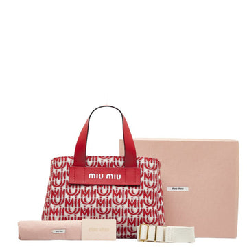 MIU MIU Miu Motif Everywhere Handbag 5BA085 Red Beige Canvas Leather Ladies