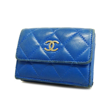 CHANEL Trifold Wallet Matelasse Lambskin Blue Silver Hardware Women's