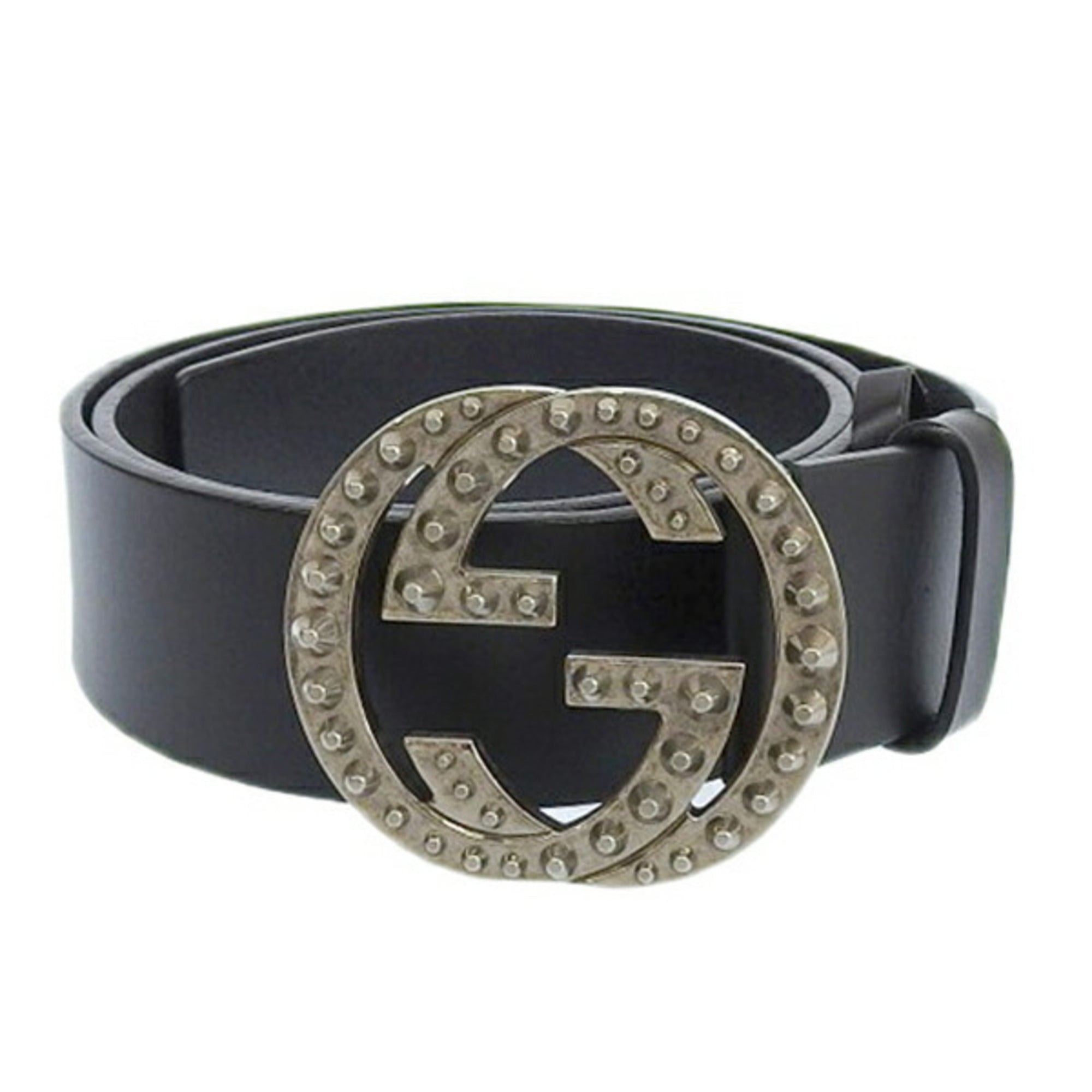 GUCCI Interlocking G Leather Studded Belt Black 107cm Ladies