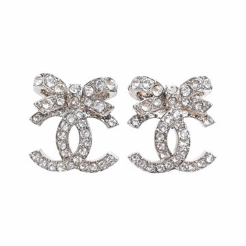 CHANEL Rhinestone Ribbon Coco Mark Earrings Silver Women's