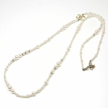 CHANEL Cocomark Costume Pearl Long Necklace Metal Strass Champagne Gold A19V