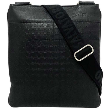 SALVATORE FERRAGAMO Shoulder Bag Black Gancini FB-24 9420 Canvas Leather Sacoche