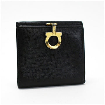 Salvatore Ferragamo W Hook Wallet Gancini hardware Leather Black Ladies Compact Gold Folded