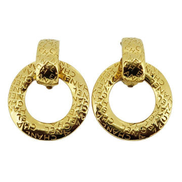 CHANEL earrings vintage logo round circle GP plated gold ladies