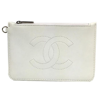 CHANEL Coco Mark Pouch Card Case Leather Ladies White