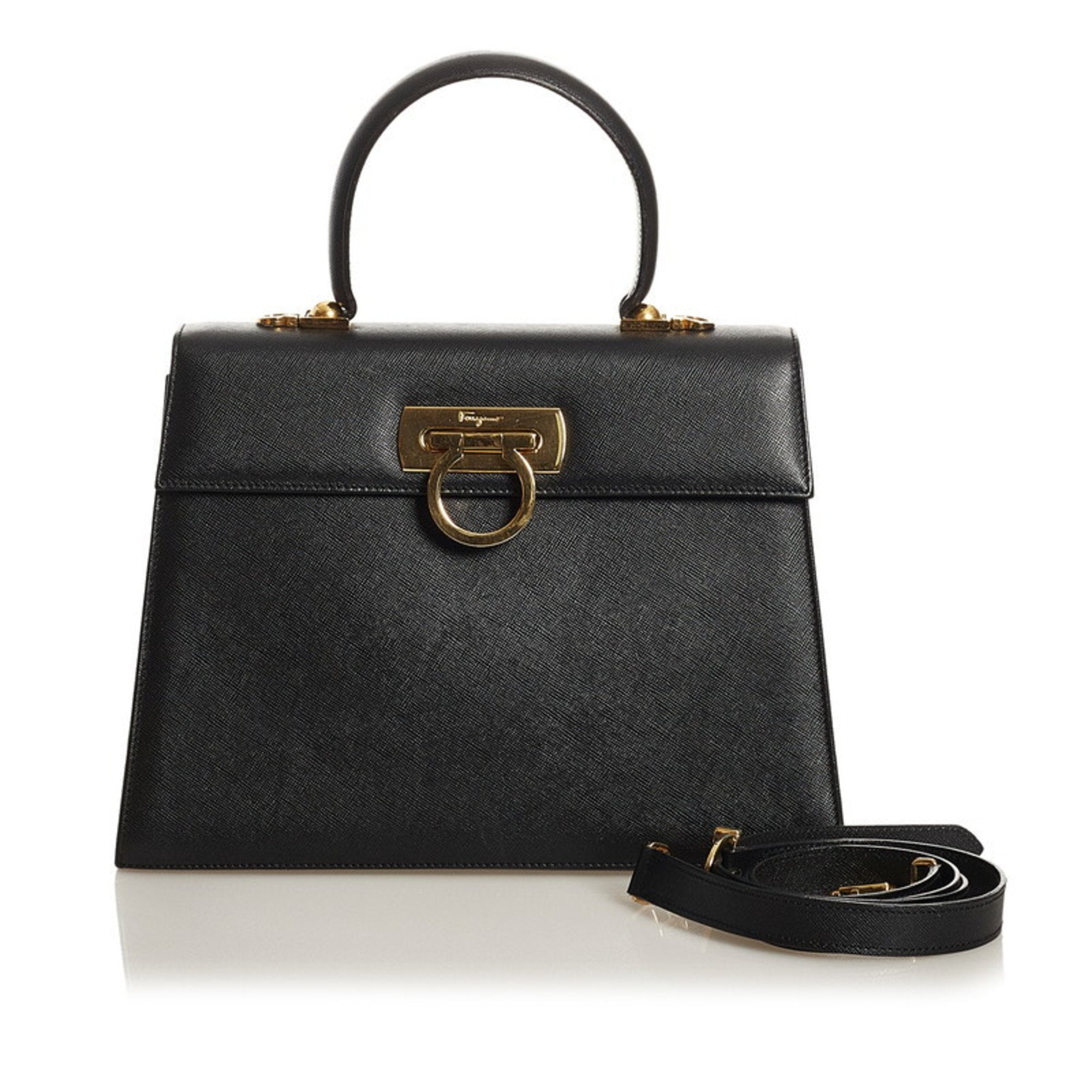 Salvatore Ferragamo Gancini Handbag Shoulder Bag AF-21 2181 Black Leat