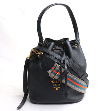 PRADA Vitello Dyno 2Way Shoulder Bag Drawstring Black 1BE018 Women's