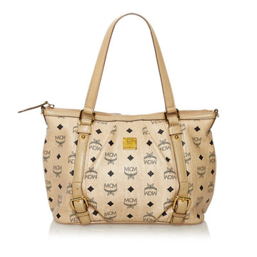 MCM Visetos Handbag Beige White PVC Leather Ladies