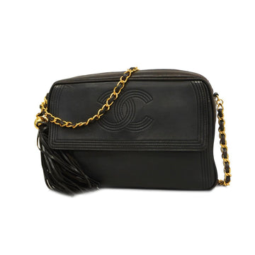 CHANEL Shoulder Bag with Fringe Chain Leather Black Gold Hardware Women's