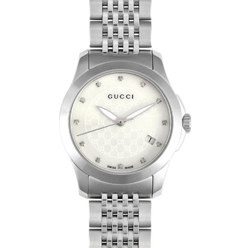 GUCCI G Timeless Date 126.5 12P Diamond Ladies Quartz Watch SS White Shell Dial YA126535