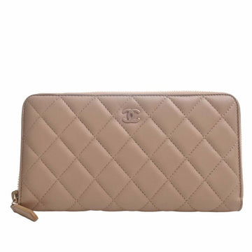 CHANEL Lambskin Matelasse Long Wallet Beige Ladies